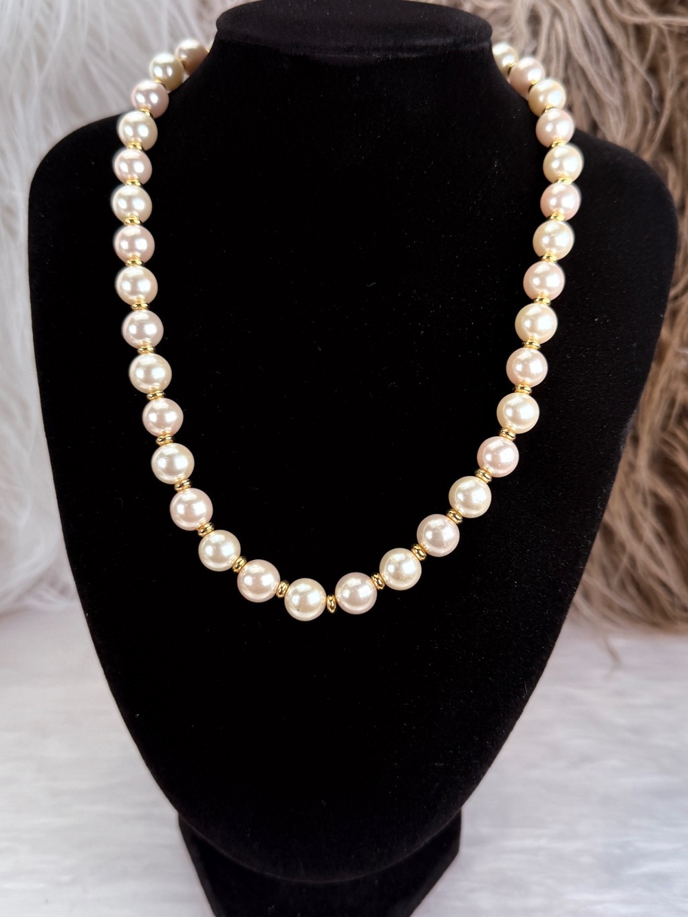 Vintage Napier Signed Faux Pearl Gold Tone Single Strand Necklace